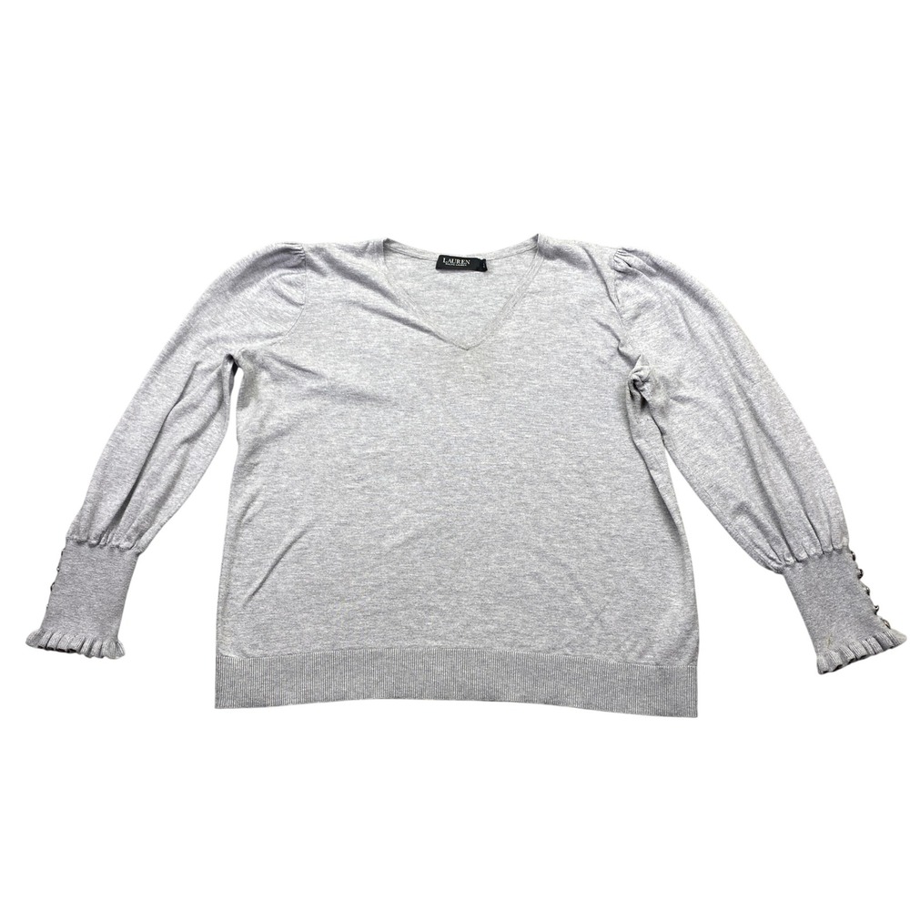 Lauren Ralph‎ Lauren Women's Grey V Neck Puff Sleeve Sweater Plus Size 1X Boho